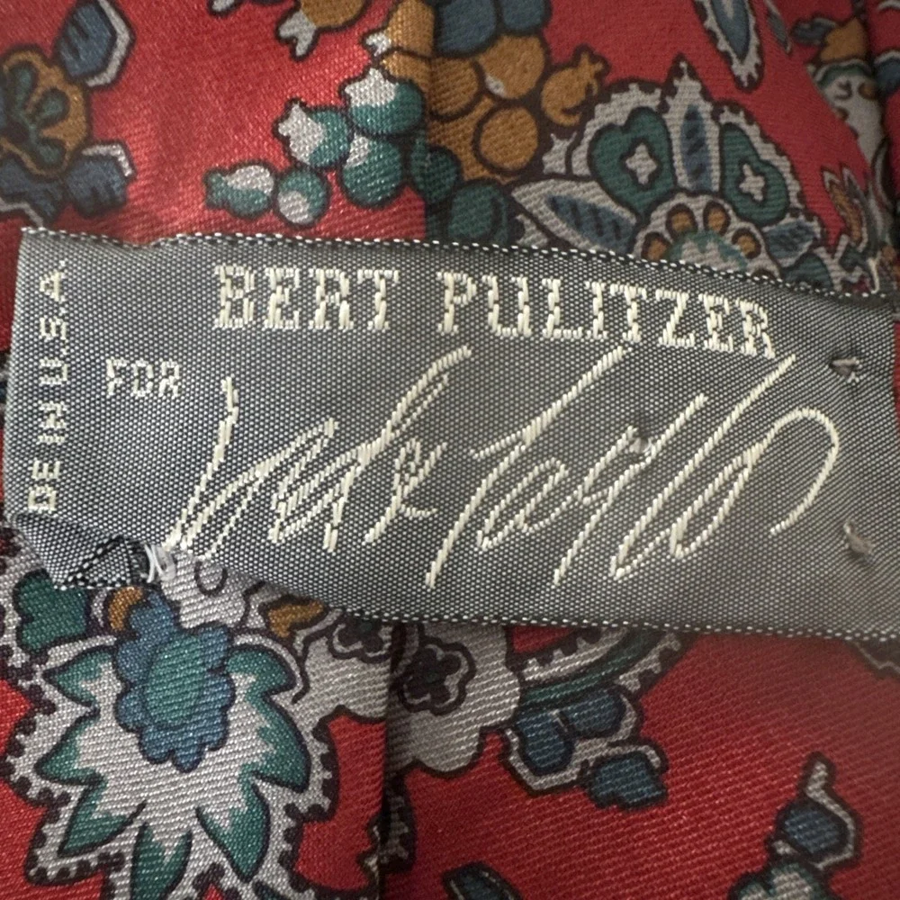 Bert Pulitzer Silk Tie Dk Red Ancient Madder Blue Grey Floral Paisley‎ VTG EUC